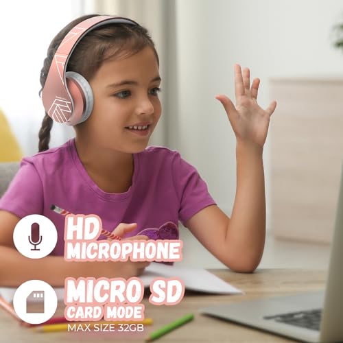 PowerLocus Kids Headphones Over-Ear, Bluetooth Wireless Headphones for Kids,with Microphone, Safe 85DB Volume Limited, Foldable with Carry Case, Audio Cable, Micro SD mode for Online Classes,PC,Phones - color: Upgrade Rose Gold