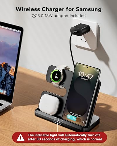 3 in 1 Charging Station for Samsung, Wireless Charger Stand for Galaxy S26/S25/S24/S23/Z Fold, Phone and Watch Charger for Samsung Watch Galaxy 8/7/6/5, Galaxy Buds 3/2/Pro - color: Black
