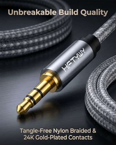 90-Degree Right Angle Aux Cord 50ft, 3.5mm Audio Cable Nylon Braided, Hi-Fi Stereo Sound for Car Stereo, Headphones, Speakers, Desktop Gaming - No Bulk, No Strain - size: 50ft