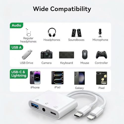 USB-C & Lightning to 3.5mm Audio Jack Adapter, Lightning to USB C Adapter with USB-A OTG Port and 3-in-1 USB-C Port for Charging, Data Transfer & Aux Audio, Compatible with iPhone17 iPad Galaxy S26