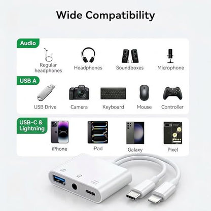 USB-C & Lightning to 3.5mm Audio Jack Adapter, Lightning to USB C Adapter with USB-A OTG Port and 3-in-1 USB-C Port for Charging, Data Transfer & Aux Audio, Compatible with iPhone17 iPad Galaxy S26