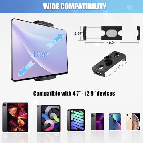 Mic Stand Tablet Holder, 360° Swivel iPad Mic Stand Holder Phone iPad Holder for Mic Stand/ Treadmill/ Spin Bike/ Peloton Exercise Bike Handlebar Mount, Fits 4-12.9" iPad, iPhone, Android Smartphones - size: 4 Inch Arm