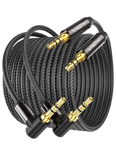 VIOY Aux Cord 2 Pack 20FT,3.5mm Male to Male Right Angle Stereo Audio Cable | 90 degree plug for narrow gaps, Hi-Fi lossless sound, nylon braided 3.5 mm TRS cable for car stereo, headphones and speakers - size: 20FT+20FT