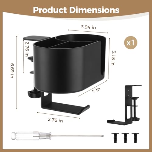2-in-1 Desk Cup Holder Clamp with Headphone Hanger, Clip On Desk Organizer for Drinks and Headsets, No Drill Install ABS Caddy, Fits Cups Under 3.54 in for Gaming or Office Desks