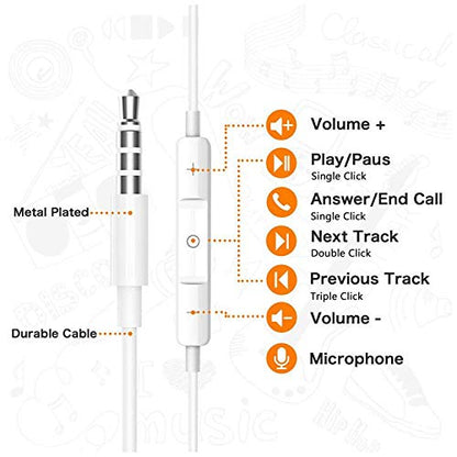 2 Pack 3.5mm Wired Headphone Plug, in-Ear Earphones, Earbuds Noise Isolating with Built-in Microphone & Volume Control Compatible with iPhone 6s 6 Plus 5s 5 iPad iPod MP3 MP4 Samsung Android Laptop