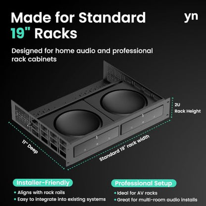 ynVISION.DESIGN 2U Rack Mount Shelf for Sonos Amps, 11" Deep, 2 Pack | holds 2 amps, 11in deep, fits 19in AV, audio, and server racks, vented with cable management, custom fit, rear support bar - size: 2 Pack