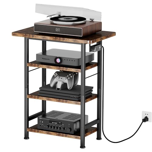 Homeiju 4-Tier AV Media Stand with Power Outlet, Wooden Record Player Stand, Entertainment Center with Storage Shelves, Stereo Stand DVD Stand for Bedroom, Living Room, Brown