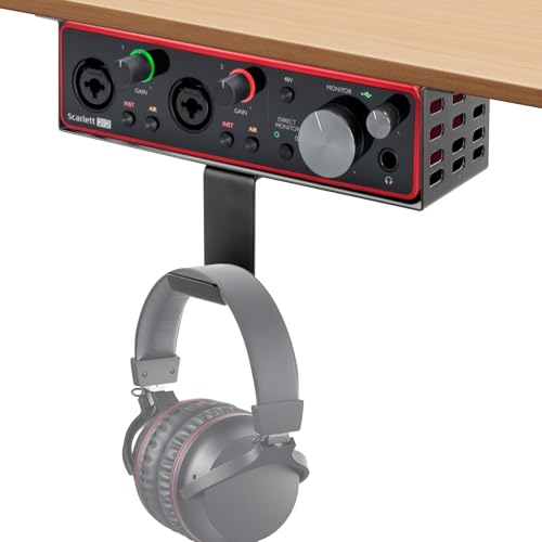 Metal Under Desk Mount for Focusrite Scarlett 2i2 3rd Gen with Adjustable Headphone Hanger Stand, Metal Under Desk Mount for Audio Interfaces and Studio Gear (Only for Focusrite Scarlett 2i2 3rd Gen)