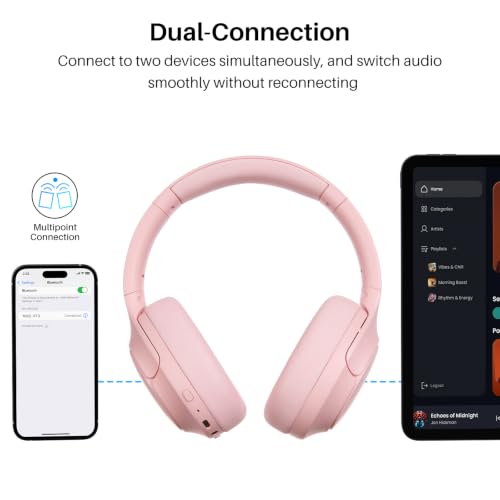 TOZO HT3 Hybrid Noise Cancelling Headphones, 90H Battery Life Wireless Over Ear Bluetooth 6.0 Foldable Headset, AI Voice Assistant with 5 Mics, Connect 2 Devices and Hi-Res Sound, 32 EQ Audio Presets - color: Titanium Pink