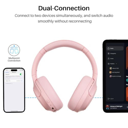 TOZO HT3 Hybrid Noise Cancelling Headphones, 90H Battery Life Wireless Over Ear Bluetooth 6.0 Foldable Headset, AI Voice Assistant with 5 Mics, Connect 2 Devices and Hi-Res Sound, 32 EQ Audio Presets - color: Titanium Pink