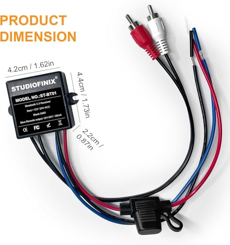 STUDIOFINIX Marine Bluetooth Receiver - IP67 Waterproof BT 5.3 Remote Wireless Connectivity, Stero Male RCA Output for Vehicle of Boat,UTV,ATV, Golf Carts,Motorcycles, Speakers