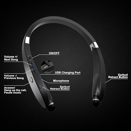 Bluetooth Neckband Headphones, Dpvisn Foldable Wireless Lightweight Neck Headset with Retractable Earbuds, Noise Cancelling Sweatproof Stereo Earphones with Mic & Carrying Case (Black) - color: Black