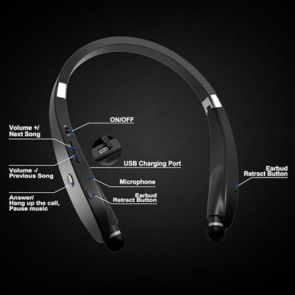 Bluetooth Neckband Headphones, Dpvisn Foldable Wireless Lightweight Neck Headset with Retractable Earbuds, Noise Cancelling Sweatproof Stereo Earphones with Mic & Carrying Case (Black) - color: Black