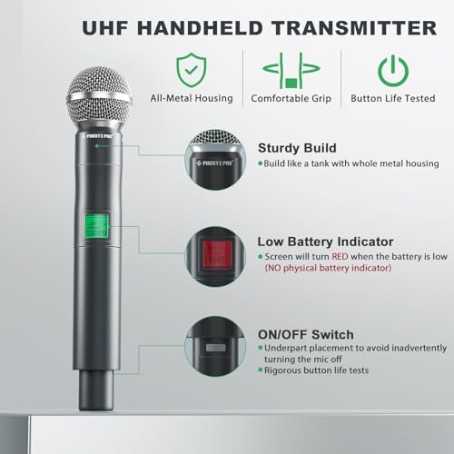 Phenyx Pro 4-Ch UHF Fixed Frequency Wireless Microphone PTU-5000-2H2B | 2 Handheld Mics, 2 Bodypacks, Headset/Lapel Mics, Metal Build, 260 ft Range, Church Services, DJ Sets