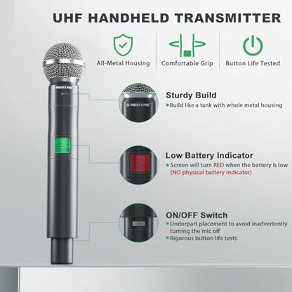 Phenyx Pro 4-Ch UHF Fixed Frequency Wireless Microphone PTU-5000-2H2B | 2 Handheld Mics, 2 Bodypacks, Headset/Lapel Mics, Metal Build, 260 ft Range, Church Services, DJ Sets