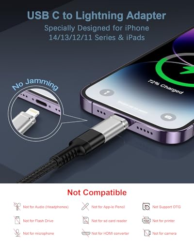 USB C to Lightning Adapter, USBC Female to Lightning Male Adapter Connecter | 4Pack Lightning to USBC Adapter for iPhone 14/13/12/11, Apple Lightening Fast Charging Data Sync Connecter, Not for Audio/OTG - color: Silver