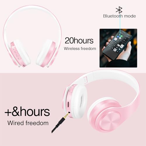 RAT TAIL V5.3 Bluetooth Headphones Over-Ear, Foldable Wireless and Wired Stereo Headset Micro SD/TF, FM for Cell Phone,PC,Soft Earmuffs &Light Weight for Prolonged Wearing (Pink) - color: Pink