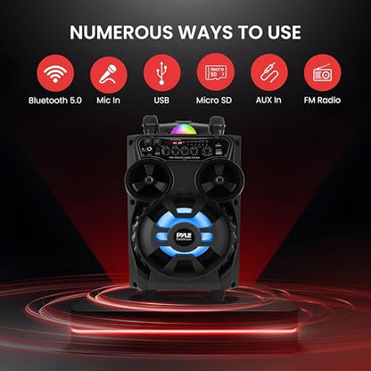 Pyle Portable Bluetooth PA Speaker - 580W 8” Rechargeable Outdoor BT Karaoke Audio System - TWS, Disco Party Lights, LED Display, FM/AUX/MP3/USB/SD, 6.5mm in, Trolley, Wheels - Wireless Mic, Remote