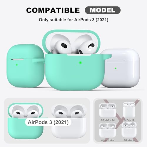 for AirPods 3 Case Silicone Cover, Mint Green | Compatible with Apple AirPods 3rd Generation (2021) with Keychain & Cleaner Kit, Wireless Charging Compatible - color: I3-Mint Green
