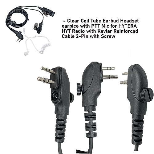 MaximalPower Clear Coil Tube Earbud Headset earpice with PTT Mic for HYTERA HYT Radio with Kevlar Reinforced Cable 2-Pin with Screw