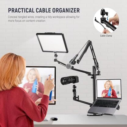 NEEWER Overhead Camera Stand Desk Mount Rig with 4 Boom Arms for Photography Video Light Ring Light Phone Mount Webcam Mic Compact DSLR for Live Streaming Broadcast Online Teaching Meeting, DS007 - style: DS007