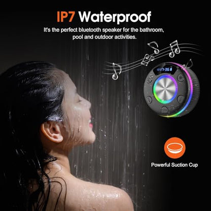 Bluetooth Shower Speaker, IP7 Waterproof Portable Bluetooth 5.3 Speakers with Suction Cup, Mini Wireless Speaker with RGB Lights Time Display, Loud Stereo Sound for Bathroom Beach Outdoor Party Gift - color: Sleek Black