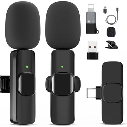 Wireless Microphone for iPhone 15 16，iPad, Android, Lavalier Microphone for Video Recording, Noise Reduction, Clip on Mini Mic for Tiktok, YouTube, Vlog, Podcast, ASMR - style: Lightning+USB C+USB A