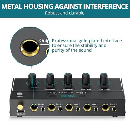 Mini Audio Mixer, 4 Channel Stereo Line Mixer 1/4" & 1/8" TSR Audio Output Input Jack, Line Mixer Stereo/Mono Independent Control and Switch for Guitars,Bass,Keyboards, Dynamic Microphone - size: Medium(4-channel)