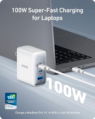 Anker Nano 100W MacBook Charger, 3-Port Fast Compact GaN USB Charger Block | With 1 Pack & 1 Cable for MacBook Pro/Air, Pixelbook, ThinkPad, Dell XPS, iPad Pro, iPhone 17 Series, Galaxy S23, and More - color: white