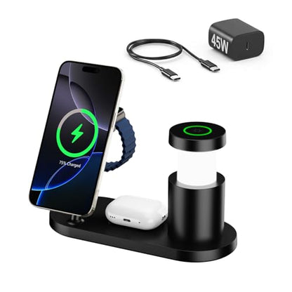 4-in-1 Charging Station with Qi2.2 25W, Charging Station for Apple Watch and iPhone, Compatible with MagSafe Wireless Charger for iPhone 17/16/15/14/13/12, AirPods, Apple Watch, with 45W Adapter