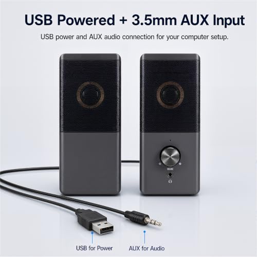 ROSON Computer Speaker, Compact Size Speaker with Headphone Jack, Volume Control, Stereo 2.0 USB Powered 3.5mm Aux Multimedia Speakers for Laptop/Desktop/Tablets/Phone