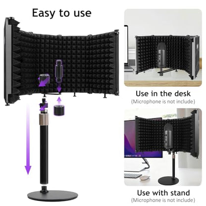 Microphone Isolation Shield, 5 Panels Sound Proof Mic Shield with Mic Stand, High Density Absorbent Foam Mic Isolation Shield for Recording Studio Vocal Booth Equipment - size: 5P(26.5"x9.9")