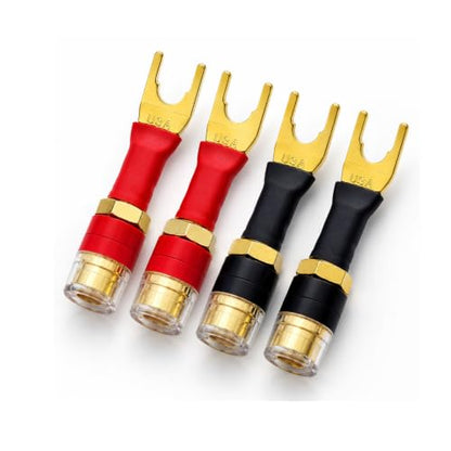 4-Pack Y-Spade to 4mm Banana Female Jack Socket Adapter, 24K Gold-Plated OFC Copper, Self-Locking 45° Fork, for Speaker Wire, Amplifier, AV Receiver, Home Theater, Hi-Fi Binding Post