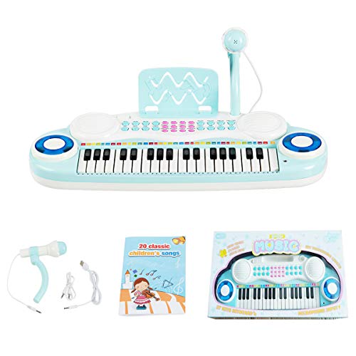 Costzon 37 Keys Electronic Keyboard Piano for Kids, Portable Musical Keyboard with Rhythm Light, Microphone, Recording, Music Stand, 8 Tone Keys, 4 Percussion Instruments (Blue) - style: Blue