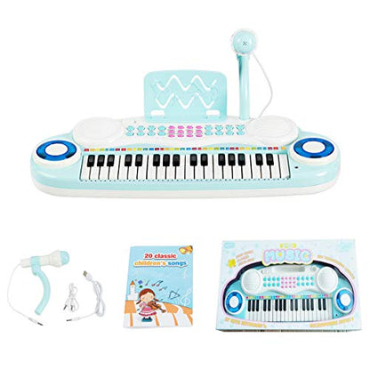 Costzon 37 Keys Electronic Keyboard Piano for Kids, Portable Musical Keyboard with Rhythm Light, Microphone, Recording, Music Stand, 8 Tone Keys, 4 Percussion Instruments (Blue) - style: Blue