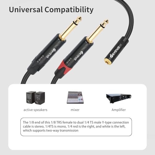3.5mm to Dual 1/4 Y Splitter Cable, 1/8" Female TRS to Dual 6.35mm TS Male Adapter, Female Mini Jack Stereo to 2 Quarter inch Mono Converter 1 feet - color: Black 3.5mm TRS Female to Dual 1/4" TS Male 1 Foot