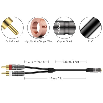 J&D 3.5 mm to Dual RCA Audio Cable, Gold Plated Copper Shell Heavy Duty 3.5mm Female to 2 RCA Male Stereo Audio Adapter Cable Adapter Cord, 6 Feet - size: 6 Feet