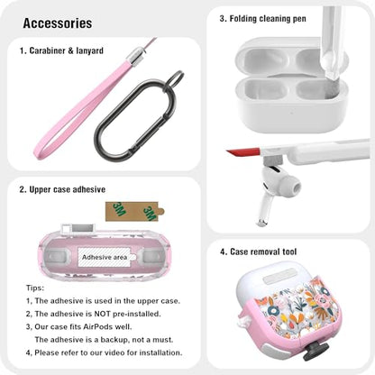 WENEW Case for AirPods 4th Case Cover Secure Lock Automatic Snap Switch Clip Cleaner Kit Lanyard Women Stylish Flower Armour Hard Shell Full Body Front LED Visible (Pink Flower, AirPods 4th) - color: Pink Flower, size: AirPods 4