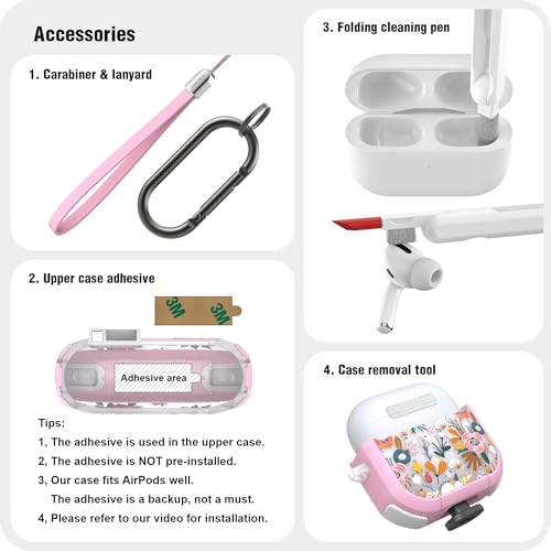 WENEW Case for AirPods 4th Case Cover Secure Lock Automatic Snap Switch Clip Cleaner Kit Lanyard Women Stylish Flower Armour Hard Shell Full Body Front LED Visible (Pink Flower, AirPods 4th) - color: Pink Flower, size: AirPods 4