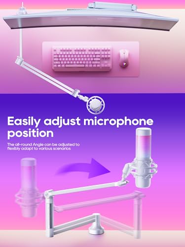 Low Profile Mic Arm, 360° Rotatable Microphone Boom Arm Mic Stand for Fifine AM8 K669B Blue Yeti HyperX shure sm7b SoloCast AT2020, with Mic Clip 3/8" to 5/8", White - color: White (M05 pro)