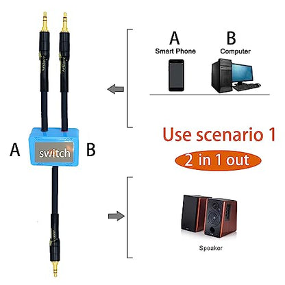 Arklove 7ft Sound Channel swicher 1/8" aux Input 3.5mm 2X 3.5 Output Switch Selector 2 in 1 Out R/L Stereo Audio 1 in 2 Out Stereo Audio Splitter with Phone pc Player - size: 7ft, style: 3.5mm switch selector