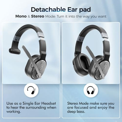 COSMUSIS Trucker Bluetooth Headset, Wireless Headset with Mic for Work | Trucker Headset with Noise Cancelling Headphones, Long Battery Life Bluetooth Headphones with Detachable Earpad for Driving - color: Silver Gray