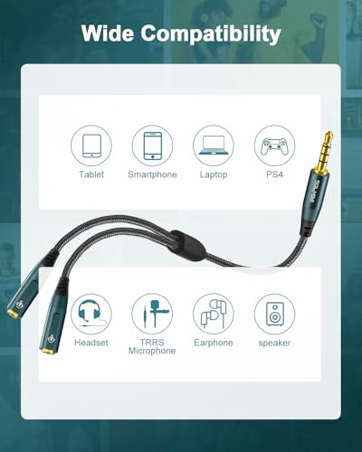 Headphone Splitter for 2 Headphones, TRRS 3.5mm Male to 2 Female Audio Jack Splitter Adapter Compatible with Two Headsets or Microphones to PC, Laptop, Smartphones, PS4, PS5, Xbox - 1 FT - size: 1 Feet