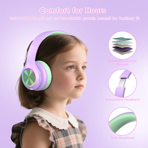 Candy Bila Kids Bluetooth 6.0 Headphones, LED Light, 85Hours Playtime - color: Green and Purple