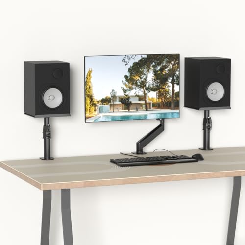 suptek Clamp-on Speaker Stand Desk Mount Set, Height Adjustment, Tilt, Swivel, 9.6 x 8.8 inch Trays, Universal Audio Holders for Computer and Bookshelf Speakers, Elevated Sound, 2 Pack, Black, SDM001B - color: Black, size: 9.6 x 8.8x 13.9"(h)