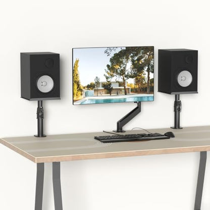 suptek Clamp-on Speaker Stand Desk Mount Set, Height Adjustment, Tilt, Swivel, 9.6 x 8.8 inch Trays, Universal Audio Holders for Computer and Bookshelf Speakers, Elevated Sound, 2 Pack, Black, SDM001B - color: Black, size: 9.6 x 8.8x 13.9"(h)