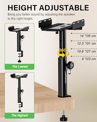 Vondynote Dual Side Clamp Desktop Studio Monitor Stands Against The Wall | Set of 2, 9"-14" Height Adjustable, Extendable Top Plate Mounted by Screws, Desktop Clamp
