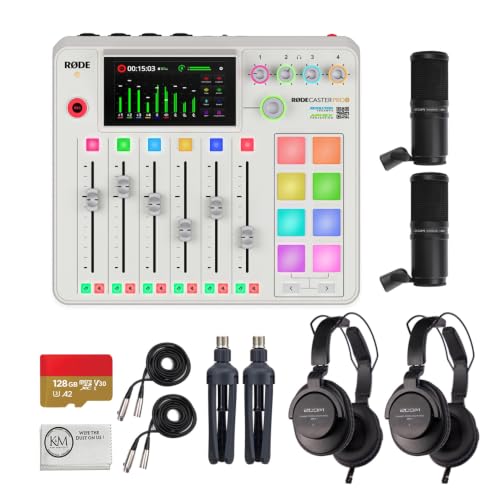 Rode RODECaster Pro II Integrated Audio Production Studio (White) Bundled with (2) Podcast Mic Packs + 128GB Micro-SD Card + Cleaning Cloth (4 Items)