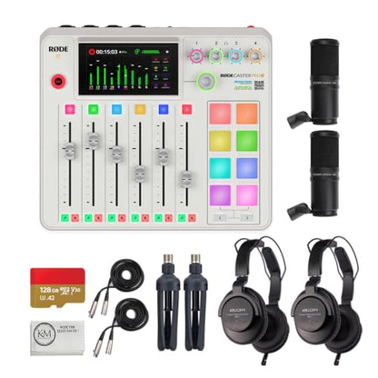 Rode RODECaster Pro II Integrated Audio Production Studio (White) Bundled with (2) Podcast Mic Packs + 128GB Micro-SD Card + Cleaning Cloth (4 Items)