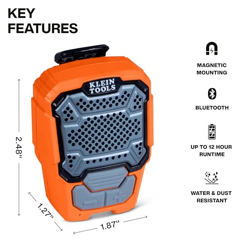 KLEIN TOOLS AEPWS1 Wearable Bluetooth Speaker, Built-in Mic for Hands-Free Music and Calls, Portable, Waterproof IP67, Magnetic and Clip-On Jobsite Mini Speaker